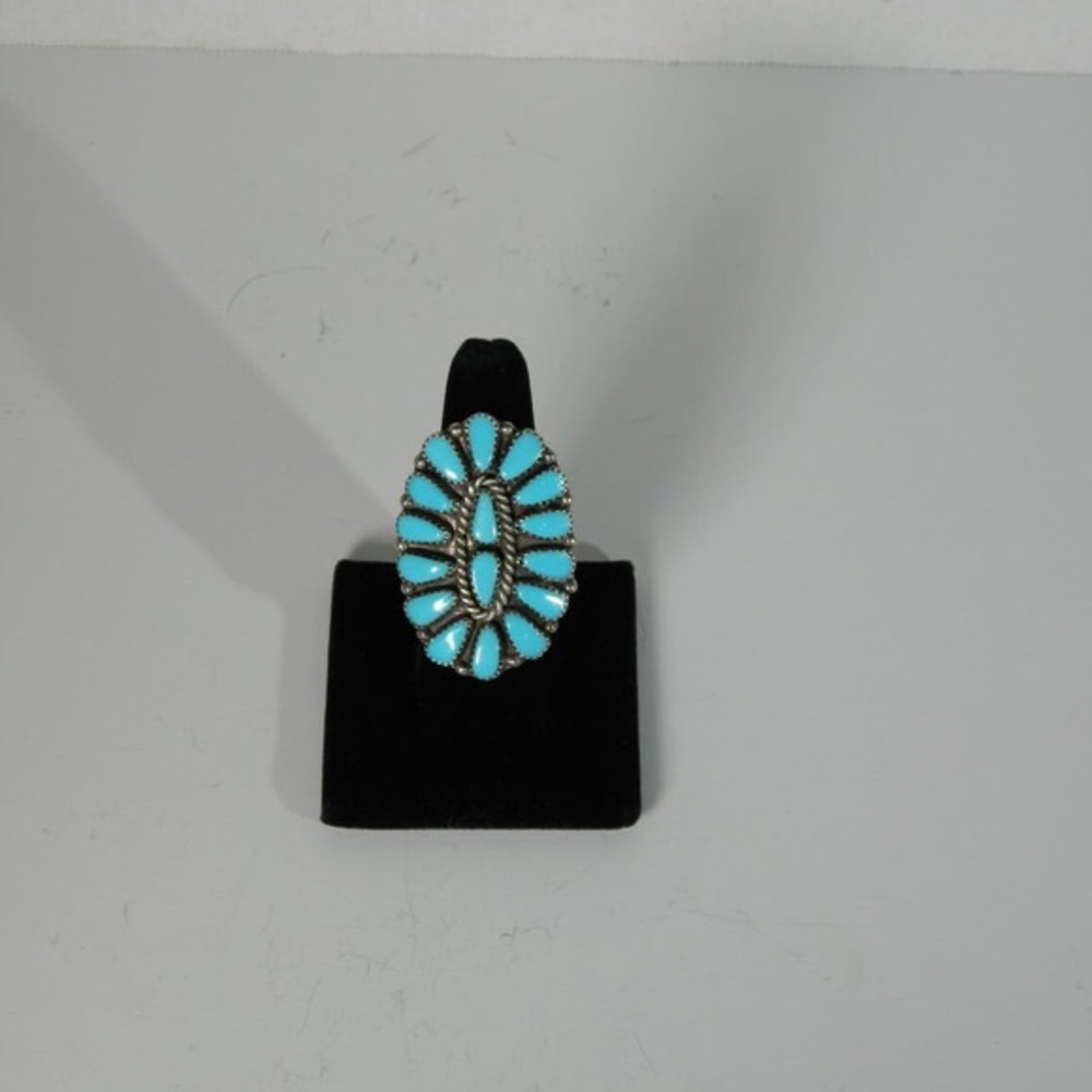 Zuni Turquoise and Sterling Silver Cluster Ring Size 9.5 Unsigned - Picture 5 of 10